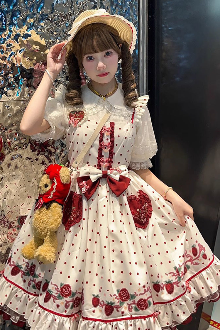White Strawberry Diary Print Ruffle Bowknot Sweet Lolita Jsk Dress