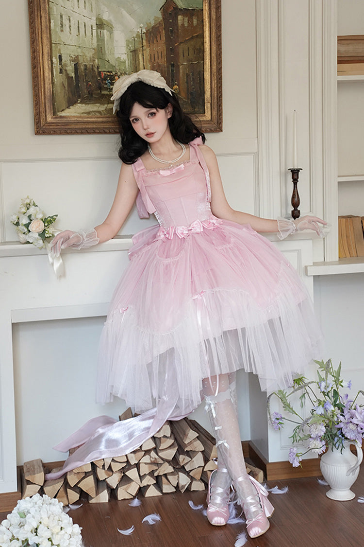 Pink Foamy Sea Sleeveless Ruffle Bowknot Fishbone Sweet Lolita Jsk Dress