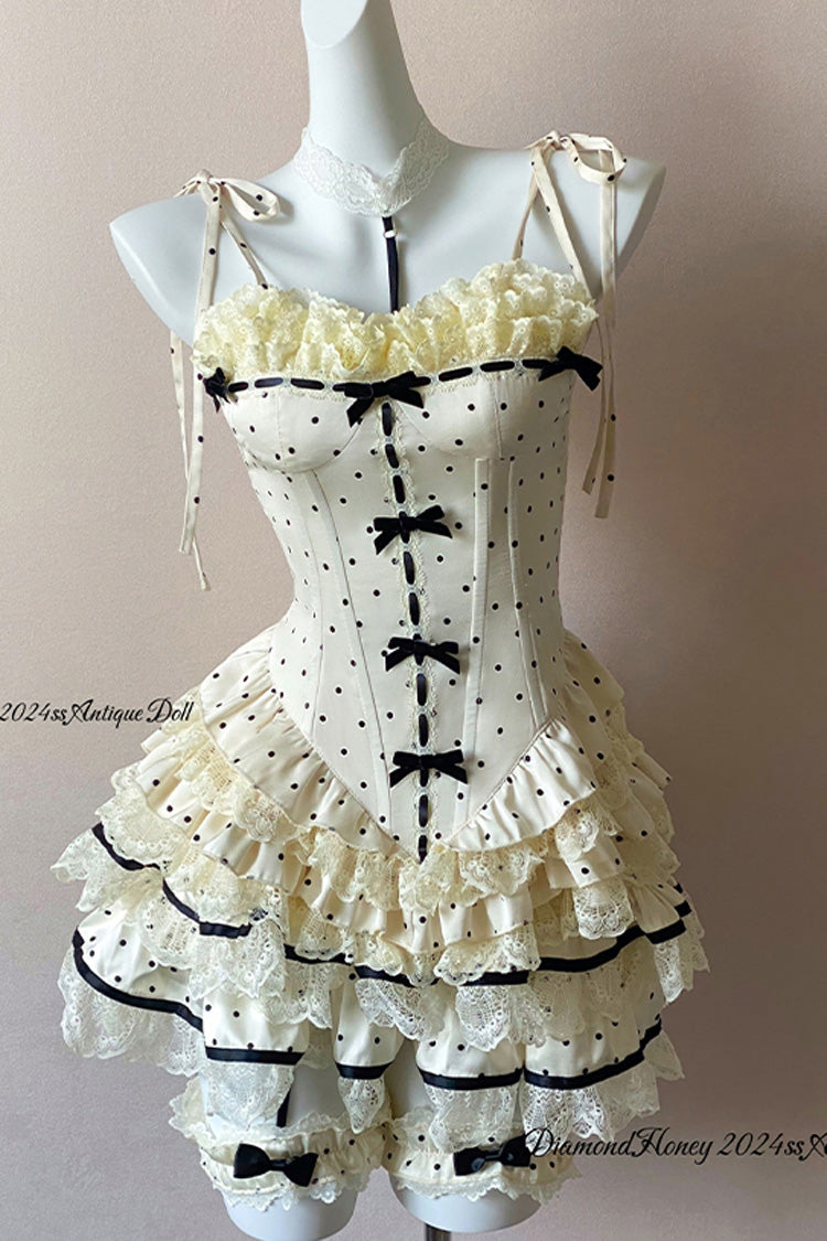 Ivory Paris Holidays Multi-Layered Polka Dots Print Ruffle Lace Fishbone Sweet Lolita Skirt Set