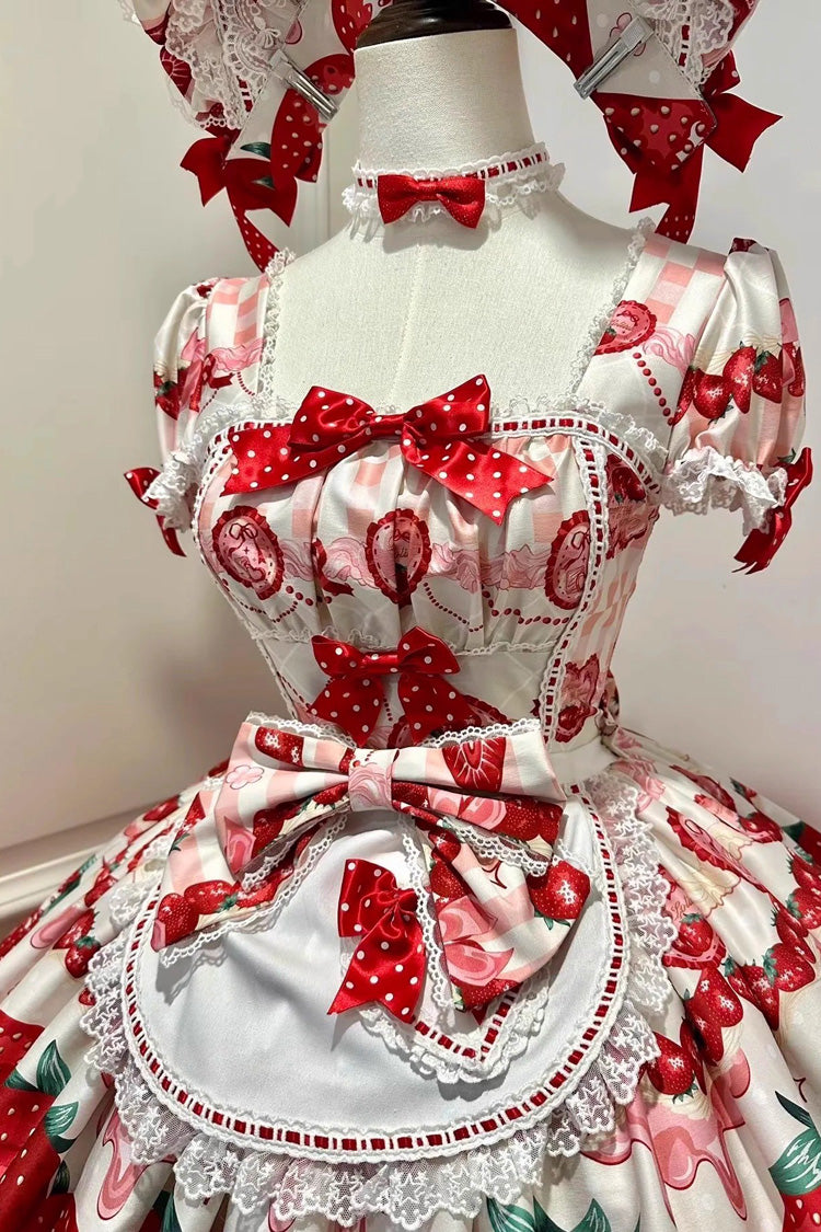 Dream to Strawberry Print Short Sleeves Ruffle Bowknot Lace Sweet Lolita OP Dress 4 Colors