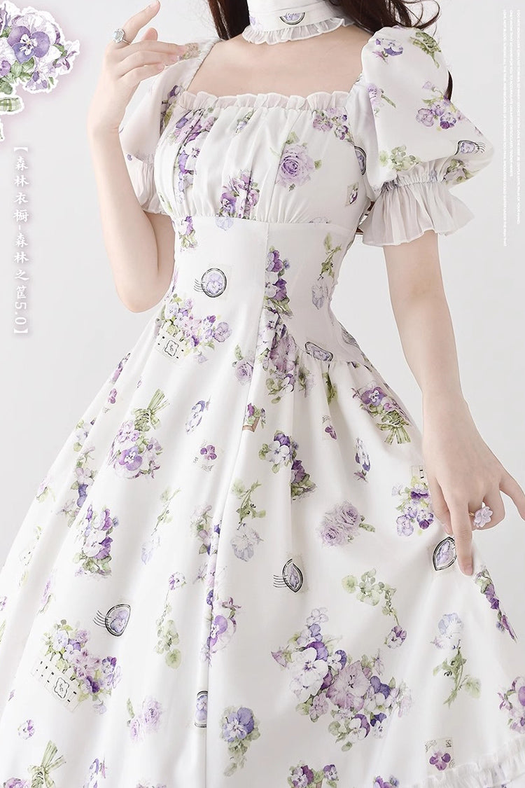Forest Basket Print Short Sleeves Ruffle Lace Sweet Elegant Lolita Dress 6 Colors