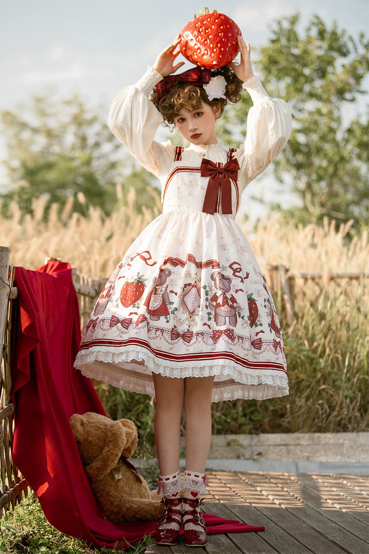 Ivory/Red Strawberry Bear Print Ruffle Bowknot Sweet Princess Lolita Jsk Dress