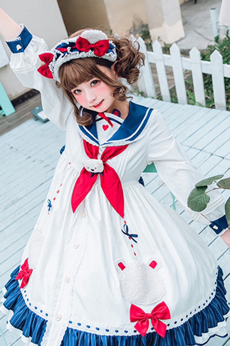 White College Style Navy Collar Chiffon Sea White Bear Print Bowknot Ruffled Sweet Lolita OP Dress