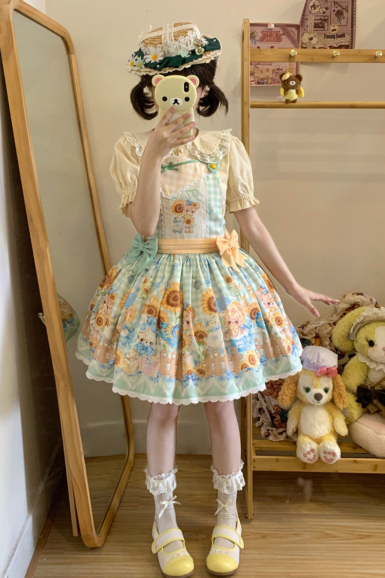 Kawaii Bears Sunflower Print Multi-Color Bowknot Sweet Lolita Strap Dress