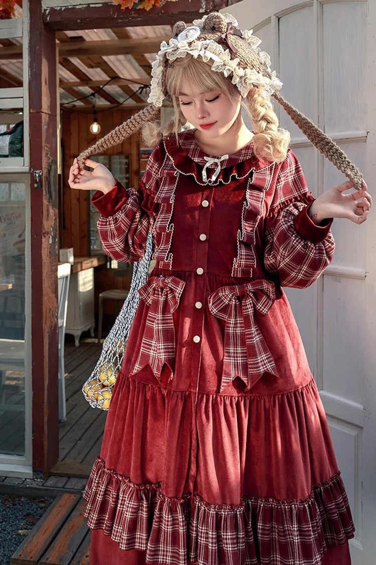 Red Velvet Plaid Print Bowknot Christmas Sweet Lolita Dress