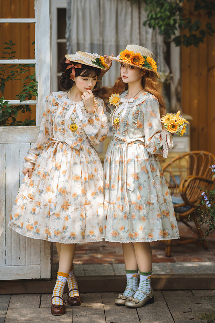 Green Gardening Sunflower Long Sleeves Print Ruffle Bowknot Sweet Elegant Lolita Dress