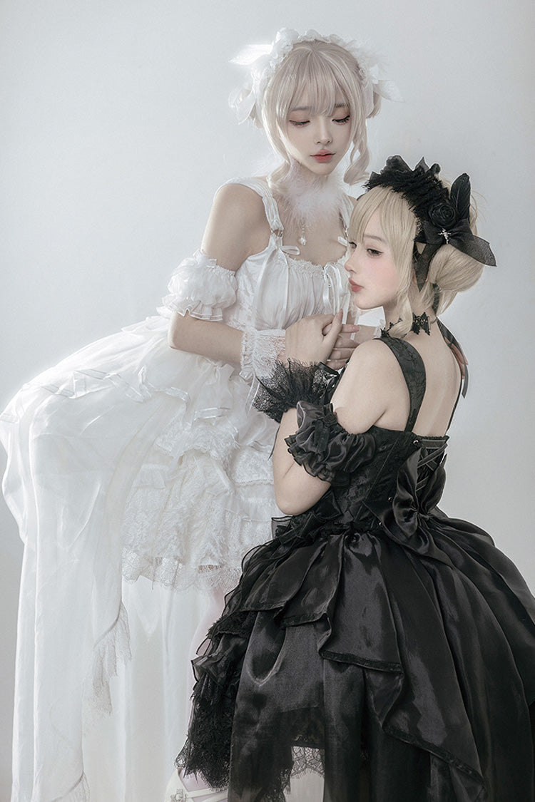 White Rose Memoirs Sleeveless Multi-Layered Bowknot Lace Sweet Lolita Skirt Set