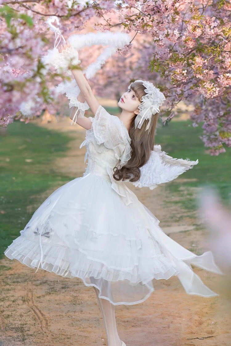 White Love Is Coming Multi-layer Ruffle Embroidery Bowknot Sweet Princess Lolita Jsk Dress
