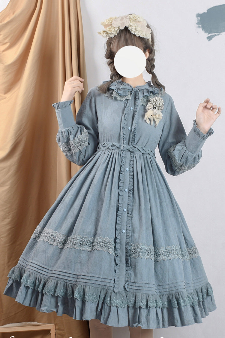 Spring Dawn Long Sleeves Jacquard Ruffle Bowknot Sweet Vintage Lolita Dress 3 Colors