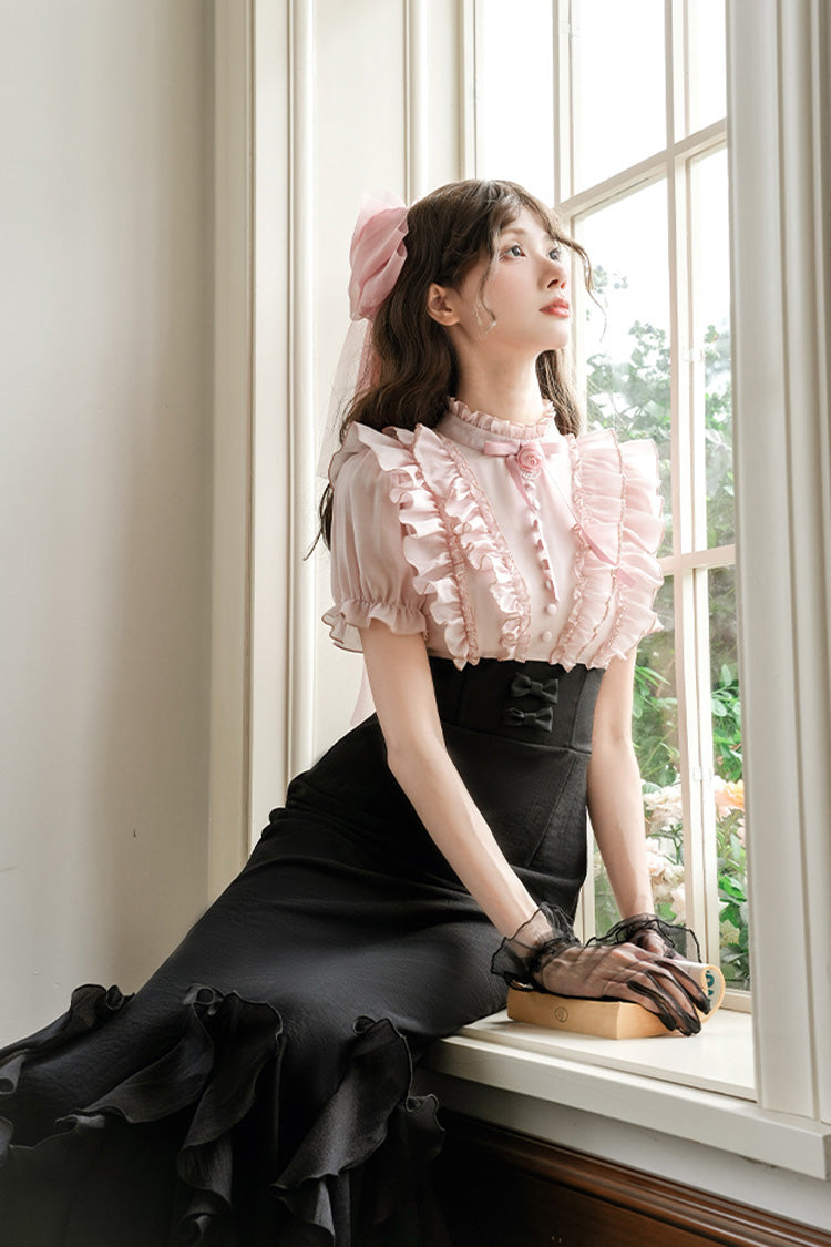 Pink/Black Miss Lola Stand Collar Short Sleeves Multi-Layered Ruffle Bowknot Sweet Lolita Mermaid Dress