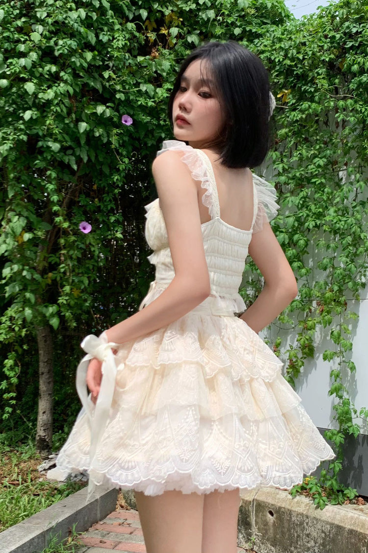 Ivory Tidal Triple-Layered Ruffle Bowknot Sweet Lolita Skirt 2 Versions