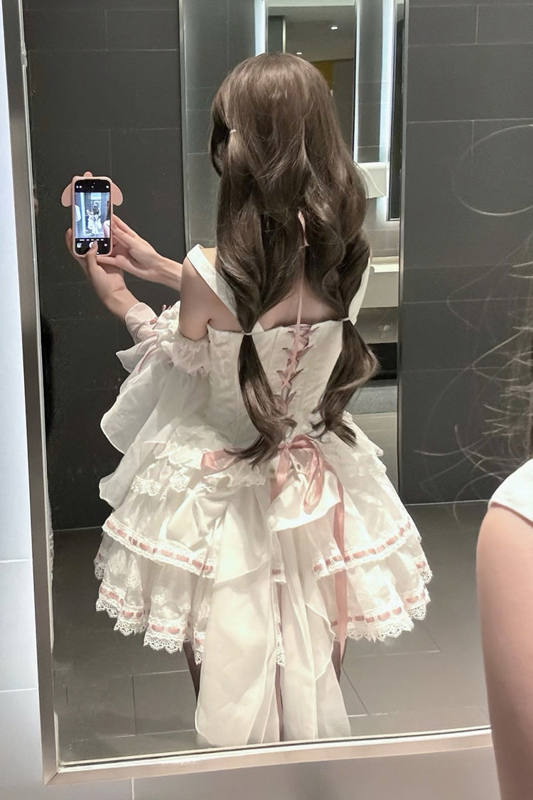 White Little Love Song Detachable Trumpet Sleeves Ruffle Bowknot Lace Sweet Lolita Top Skirt Set