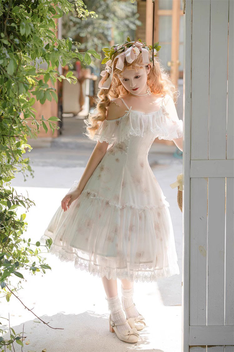 White Sunflower Dance Print Sweet Elegant Princess Lolita Jsk Dress