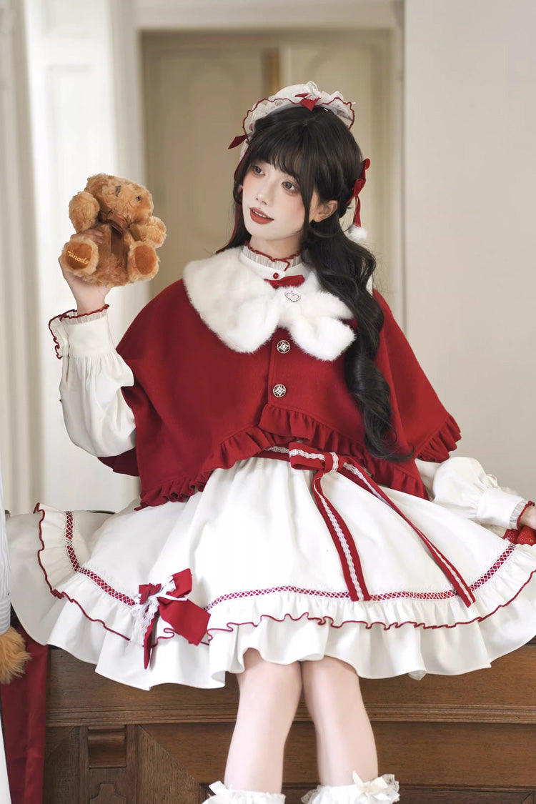 Red/White Red Vow Stand Collar Long Sleeves Multi-Layered Ruffled Bow Sweet Lolita Dress