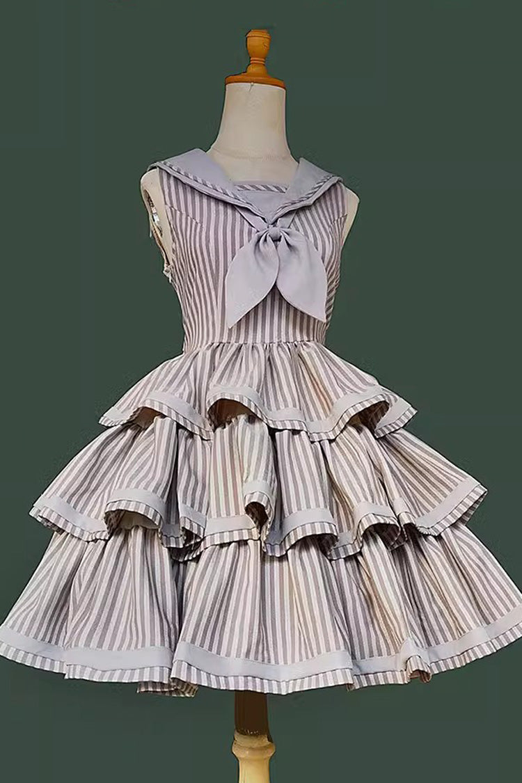 From the Other Side Sleeveless Triple-Layered Vertical Stripes Print Print Ruffle Bowknot Sweet College Style Lolita Jsk Dress