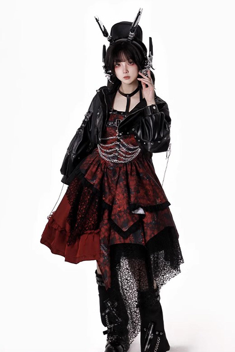 Red Strawberries of Blood and Tears Sleeveless Print Ruffle Bowknot Lace Asymmetric Gothic Lolita Jsk Dress