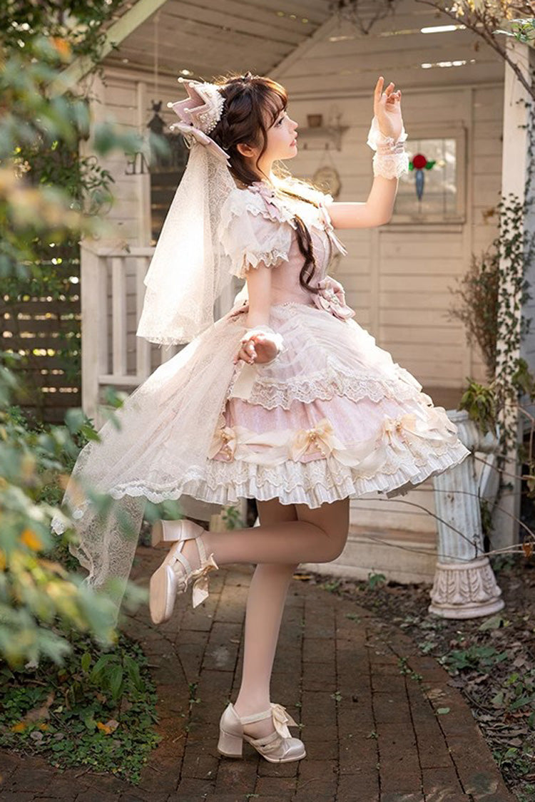 Pink Girls' Day Short Sleeves Multi-Layered Ruffle Bowknot Lace Sweet Lolita Dress 2 Versions