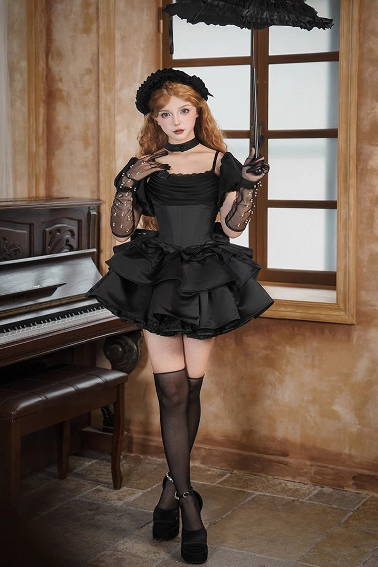 Black Duet Sleeveless Double-Layered Ruffle Bowknot Gothic Elegant Gorgeous Lolita Jsk Dress