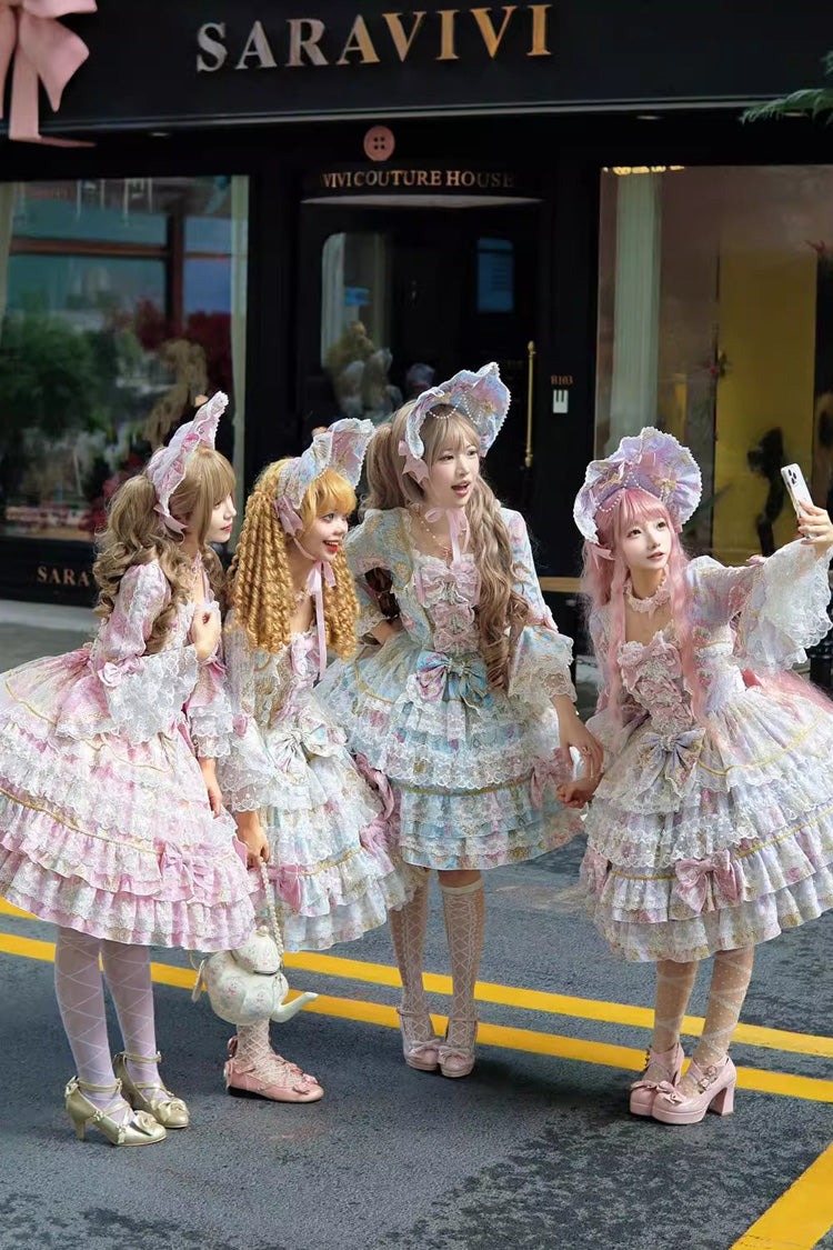 Apricot Candlelight Elegance Long Trumpet Sleeves Multi-Layered Ruffle Bowknot Lace Sweet Elegant Lolita Dress