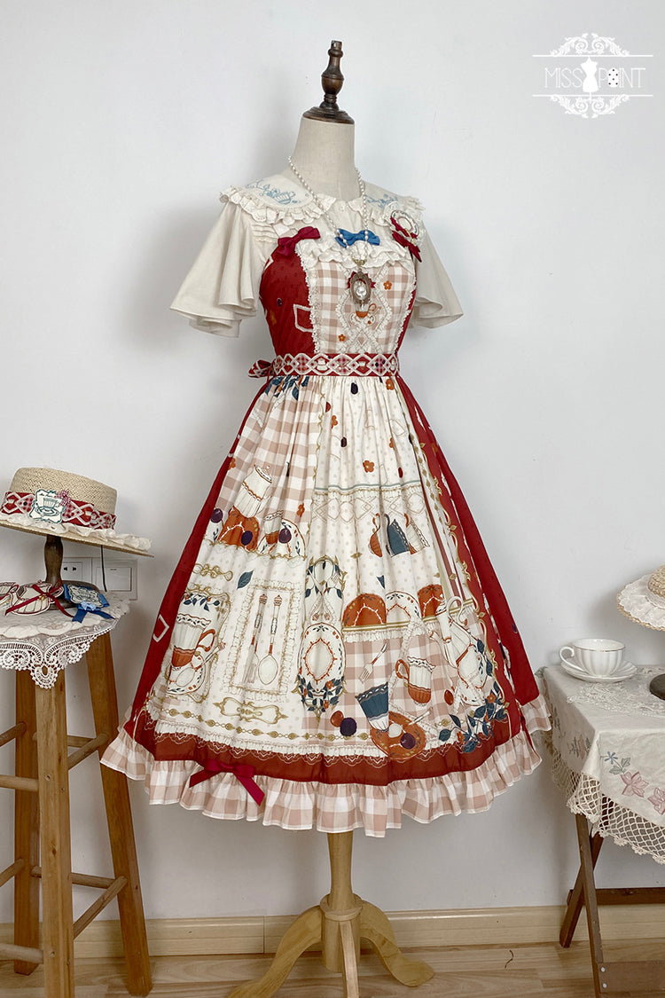 Red Tea Party Print Ruffle Bowknot Lace Sweet Elegant Lolita Jsk Dress