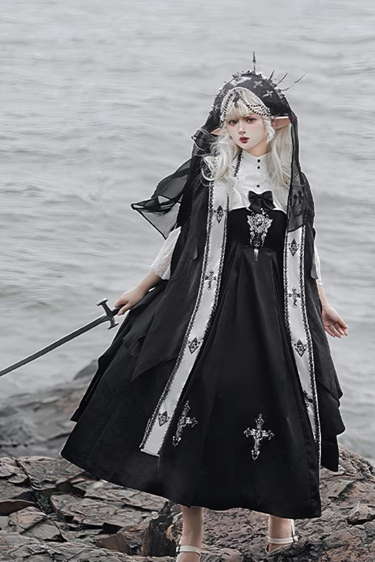 Black Cross Nun Stand Collar Off Shoulder Print Bowknot Gothic Elegant Lolita Dress