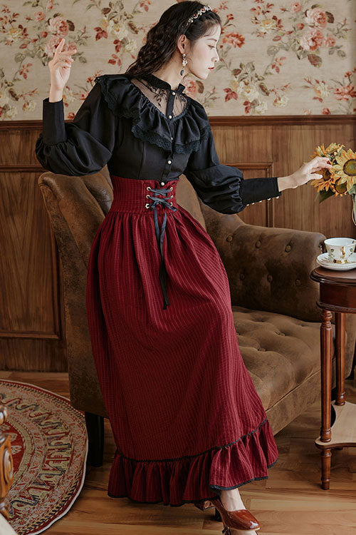 Wine Vintage Palace Style Ruffled Stripe Print High Waisted Classic Lolita Dress Skirt