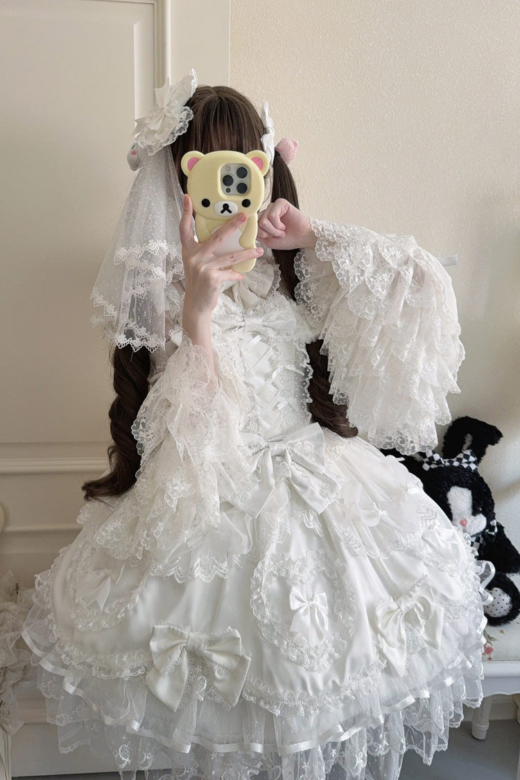 White Sweetheart Sleeveless Multi-Layered Embroidered Bow Lace Lace-Up Sweet Lolita Jsk Dress