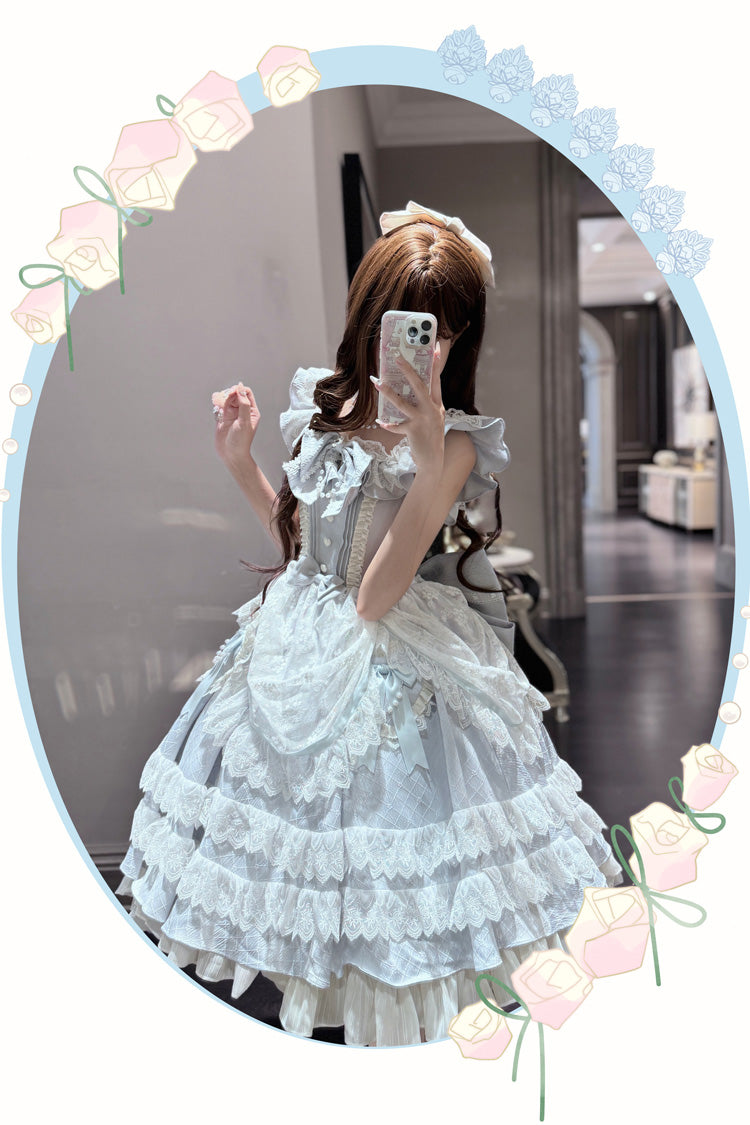 Blue Fairy Tale Advent Multi-Layered Ruffle Bowknot Lace Sweet Princess Gorgeous Lolita Tiered Dress