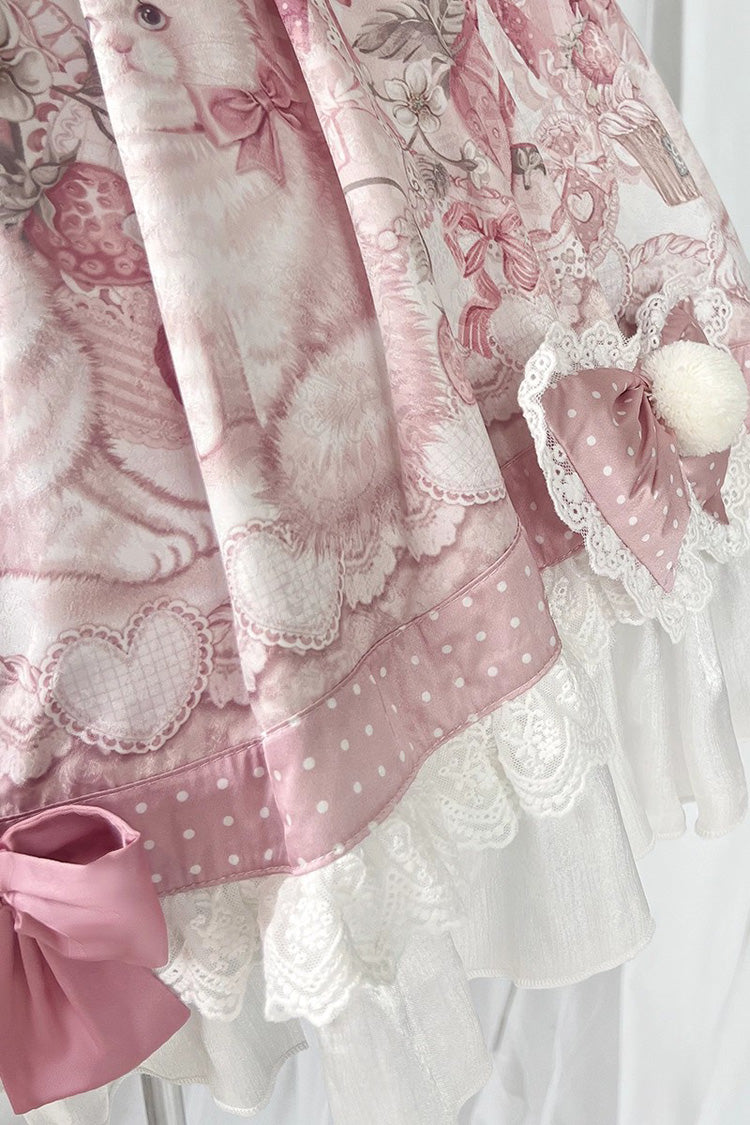 Pink Cat Dessert House Print Ruffle Bowknot Sweet Lolita Jsk Dress Set