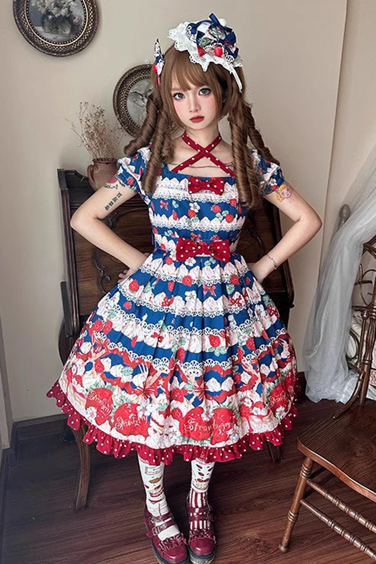 Cream Berry Fairy Red/Blue Short Sleeves Print Ruffle Bowknot Sweet Lolita Dress