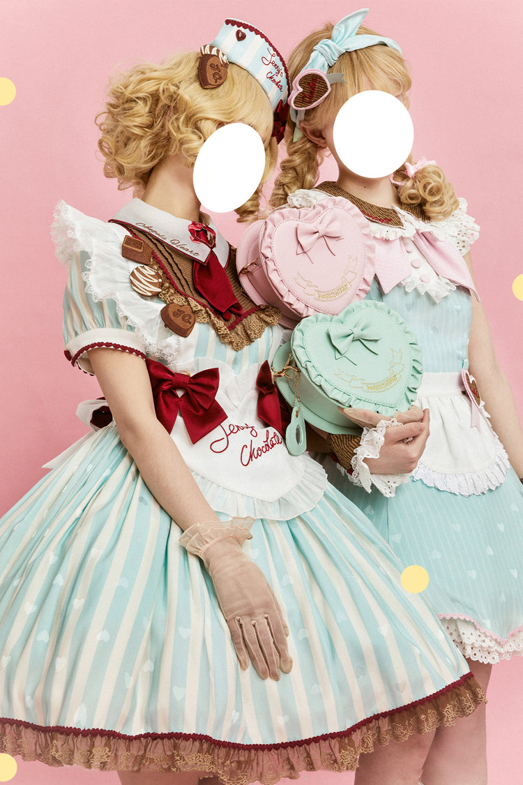 Green Jenny's Chocolate Short Sleeves Vertical Stripes Print Ruffle Bowknot Sweet Lolita Dress
