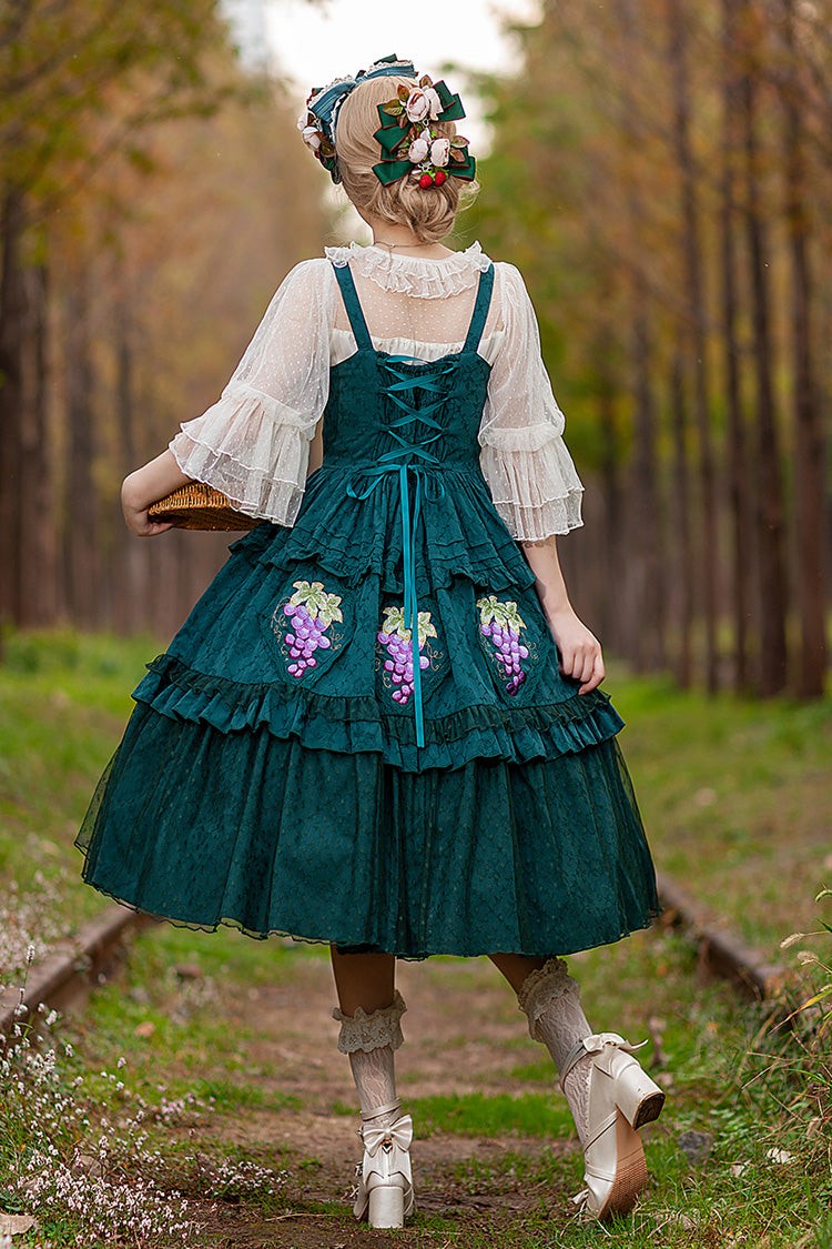 Green Vineyard Sleeveless Jacquard Print Ruffle Embroidery Sweet Lolita Jsk Dress
