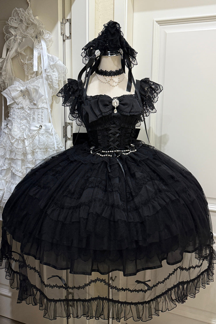 Black Eternal Vow Sleeveless Multi-Layered Ruffle Hanayome Bowknot Lace Lace-Up Gothic Lolita Jsk Dress