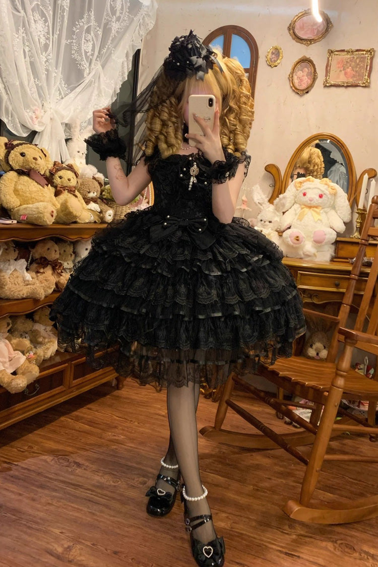 Black Ballad of Feathers Sleeveless Multi-Layered Ruffle Hanayome Bowknot Gothic Lolita Jsk Dress