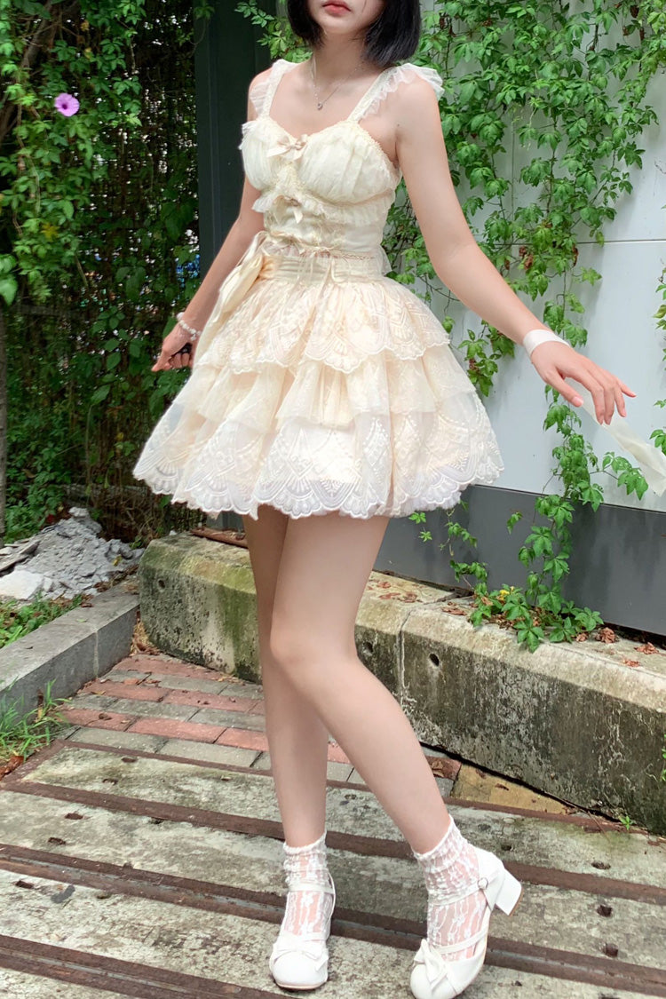 Ivory Tidal Triple-Layered Ruffle Bowknot Sweet Lolita Skirt 2 Versions