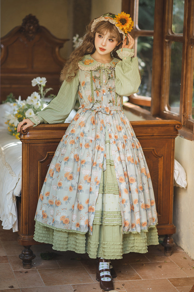 Green Gardening Sunflower Sleeveless Print Ruffle Bowknot Sweet Elegant Lolita Jsk Dress