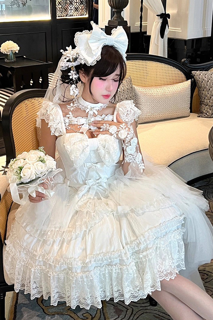 White Jewelry Love Story Halterneck Ruffle Hanayome Bowknot Lace Gothic Lolita Dress