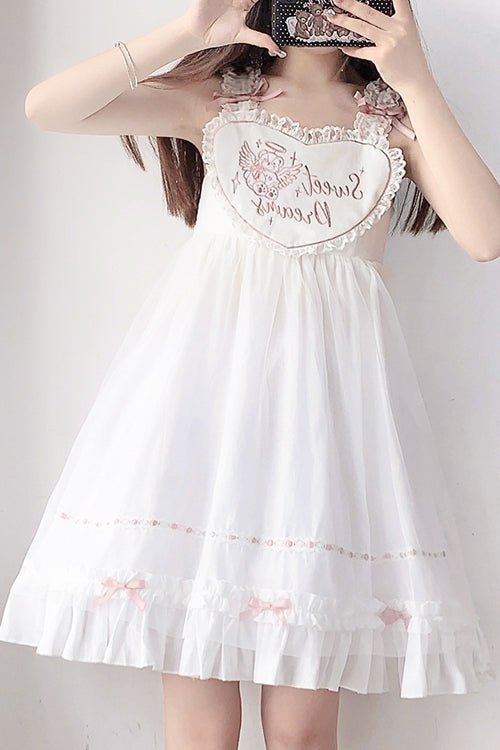 White Ruffled Shoulder Strap Heart Pattern Sweet Lolita JSK Dress