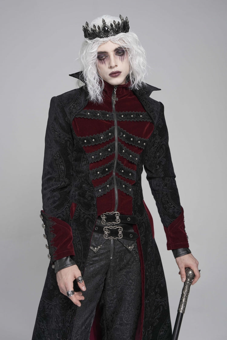 Black/Red Diamante Stand Collar Long Sleeves Printed Zippered Men's Gothic Long Coat