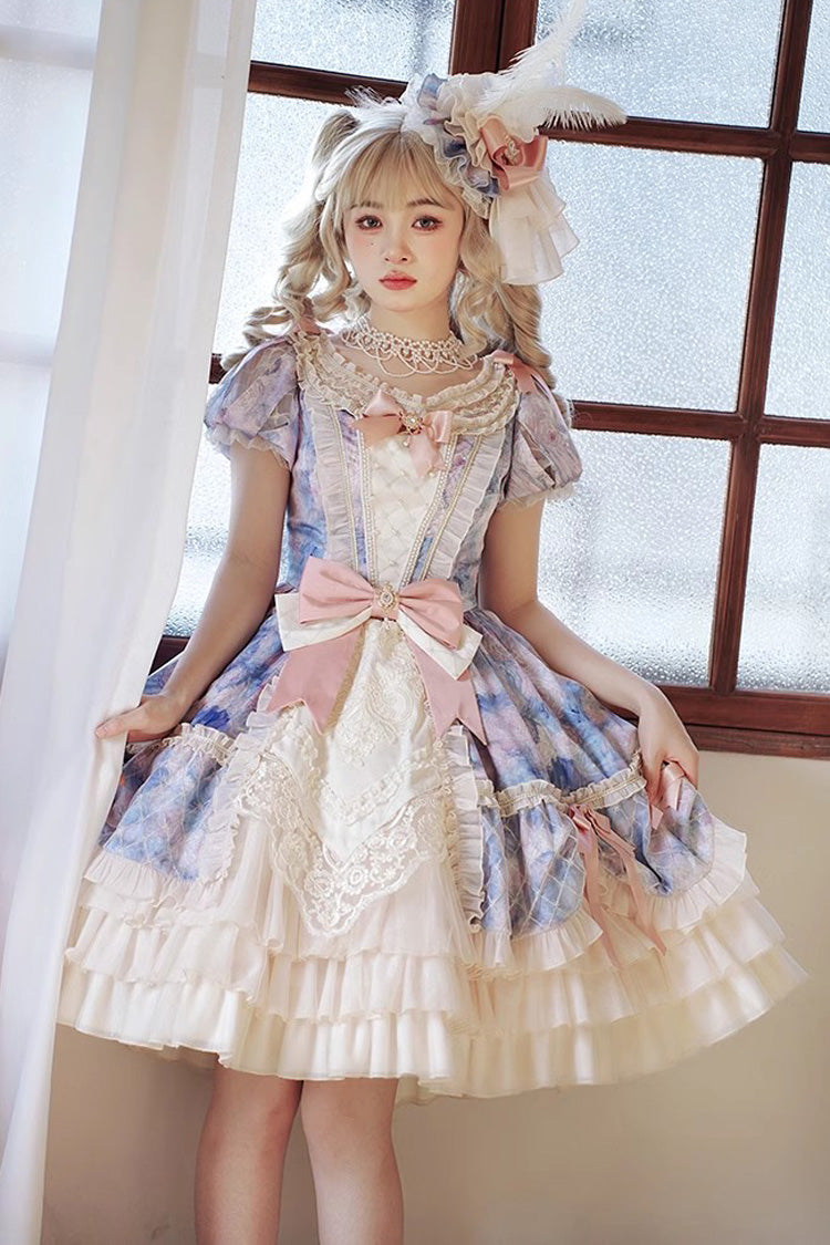 Angel Heart Sky Oil Painting Print Ruffle Cardigan Bowknot Sweet Princess Lolita Dress 3 Colors