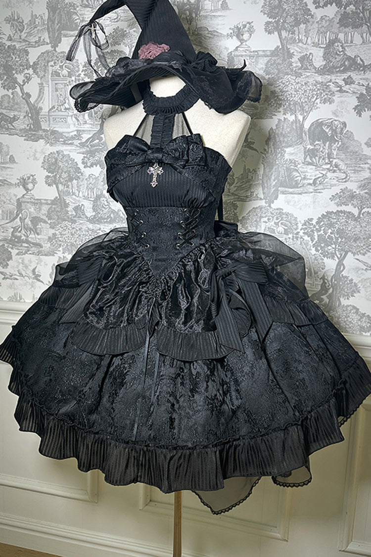 Solid Color The Mystery of The Doll Halterneck Ruffle Bowknot Drawstring Gothic Lolita Dress 4 Colors