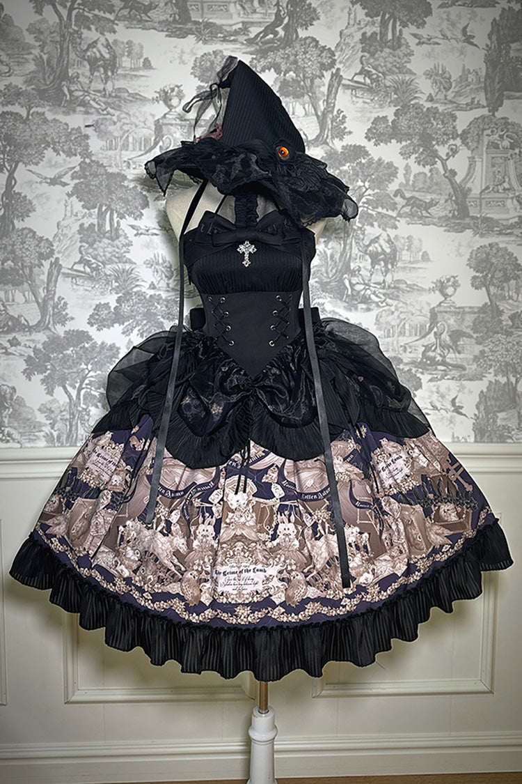 Black The Mystery of The Doll Halterneck Print Ruffle Bowknot Drawstring Gothic Lolita Dress