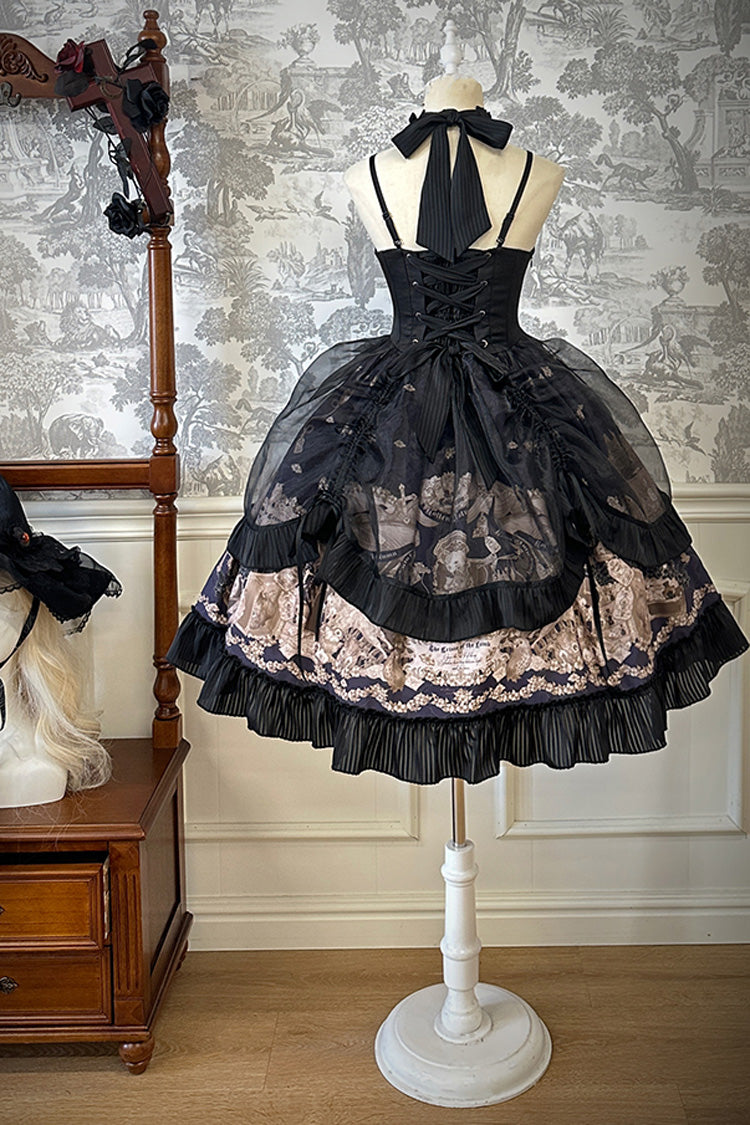 Black The Mystery of The Doll Halterneck Print Ruffle Bowknot Drawstring Gothic Lolita Dress