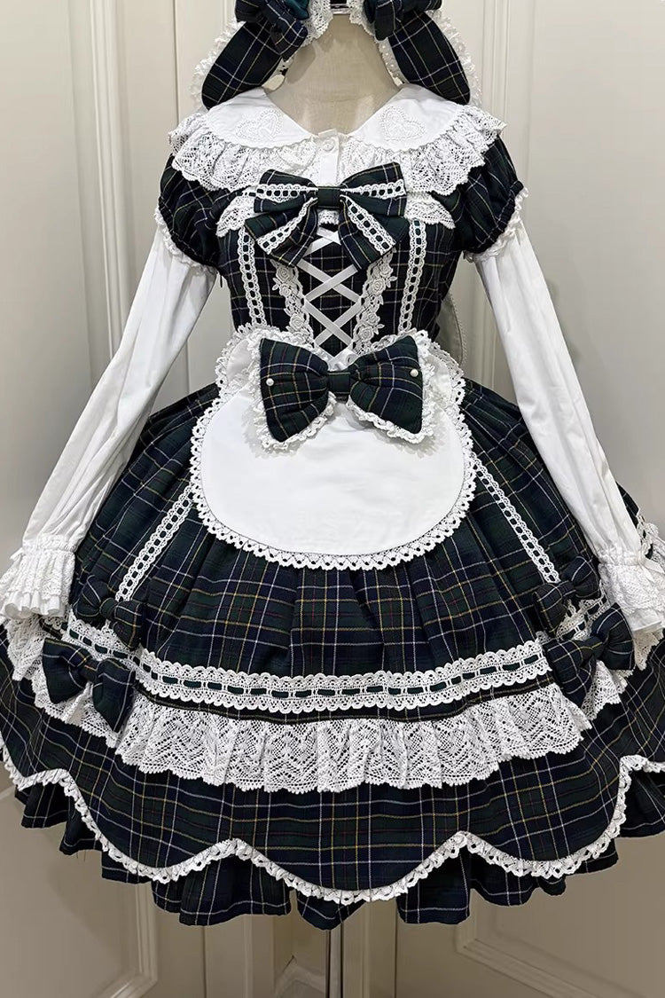 Green Gingham Petal Bunny Short Sleeves Printed Ruffled Bow Sweet Lolita OP Dress
