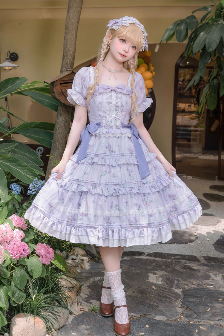 Sweet Square Collar Short Sleeves Triple-Layered Print Ruffle Bowknot Lace-Up Elegant Lolita Dress 2 Colors