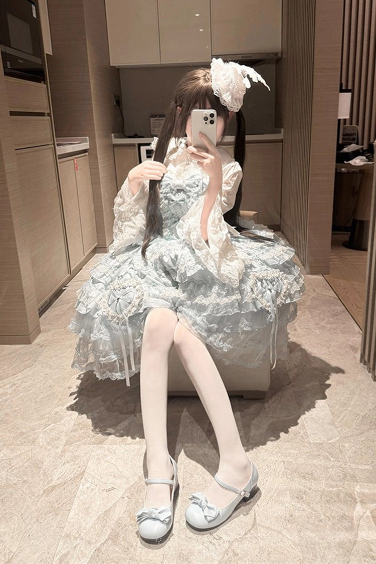 Blue Sweetheart Diary Multi-Layered Ruffle Hanayome Embroidery Bowknot Lace Sweet Lolita Jsk Dress