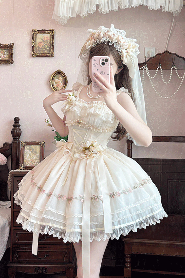 Mist Champagne Multi-Layered Ruffle Bowknot Lace Sweet Elegant Ballet Lolita Jsk Dress 3 Colors