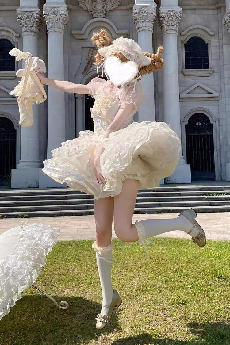 Apricot Butterfly Heart Ballet Triple-Layered Ruffle Bowknot Lace Sweet Ballet Lolita Jsk Dress