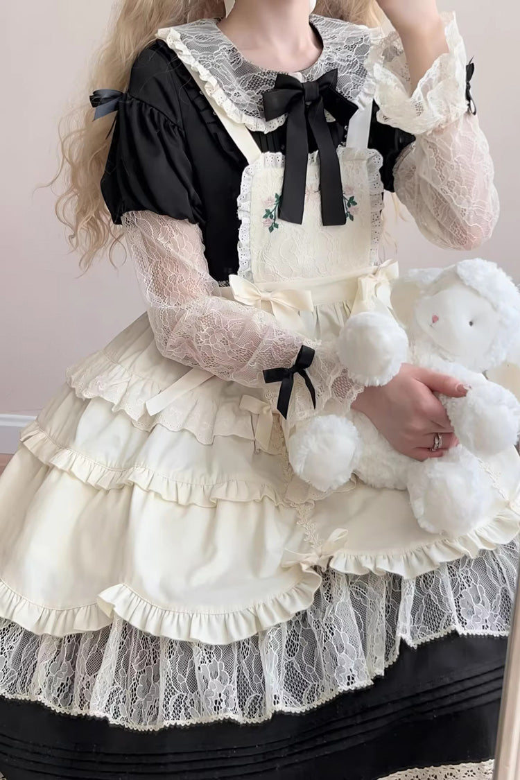 Black Mist over Flowers Along the Path Lapel Collar Long Sleeves Embroidery Bowknot Lace Sweet Lolita Dress