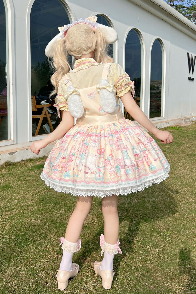 Yellow Sheep's Party Print Bowknot Stitching Lace Sweet Lolita Strap Dress